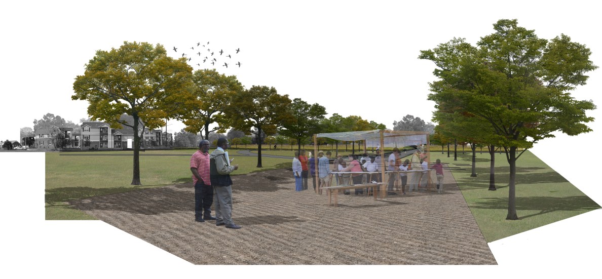 Fews School, drawn by Felipe Palacios to show mobile studio integrated into school grounds redesign